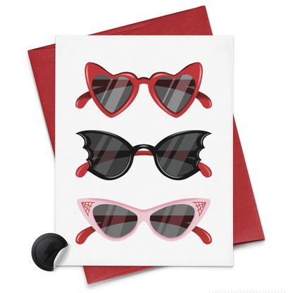 retro glasses in bat wing, wing tip, card